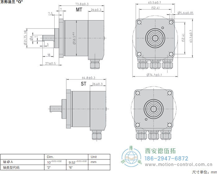 AC58-CC-Link光電絕對值通用編碼器外形及安裝尺寸(方形法蘭Q) - 西安德伍拓自動化傳動系統(tǒng)有限公司