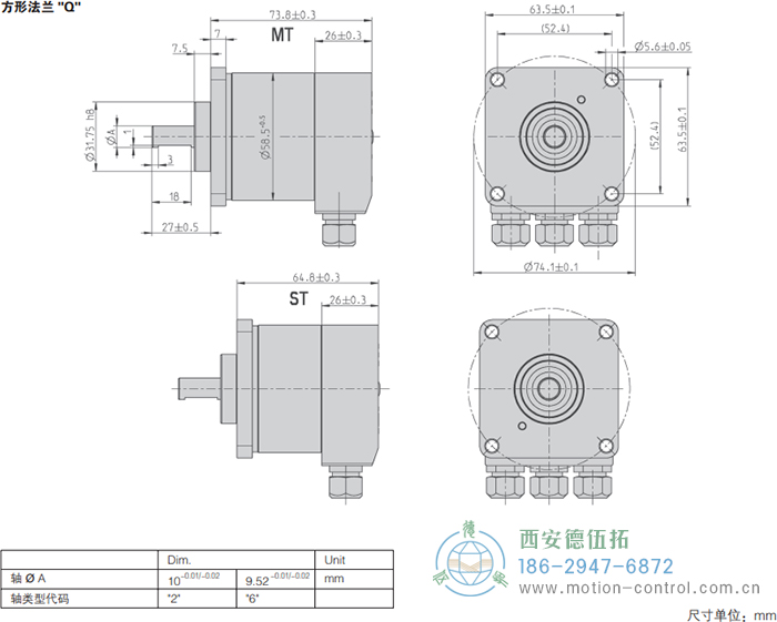 AC58-Interbus光電絕對值通用編碼器外形及安裝尺寸(方形法蘭Q) - 西安德伍拓自動化傳動系統(tǒng)有限公司