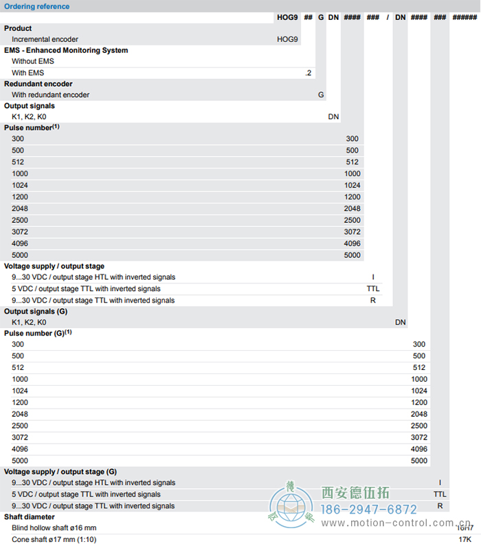 HOG9G增量重載編碼器訂貨選型參考 - 西安德伍拓自動化傳動系統(tǒng)有限公司