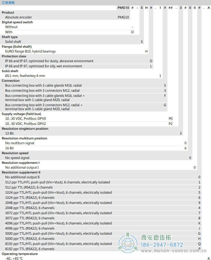 PMG10 - Profibus DP絕對值重載編碼器訂貨選型參考(?11 mm實(shí)心軸，帶歐式法蘭B10或外殼支腳 (B3)) - 西安德伍拓自動化傳動系統(tǒng)有限公司