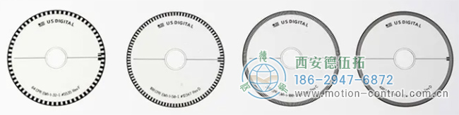 上圖顯示了四個(gè)具有不同行數(shù)的光電編碼器盤，可以觀察到行的密度不同。